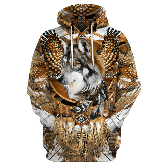 BlueJose Beautiful Tribal Native Wolf 3D All Over Printed Hoodie