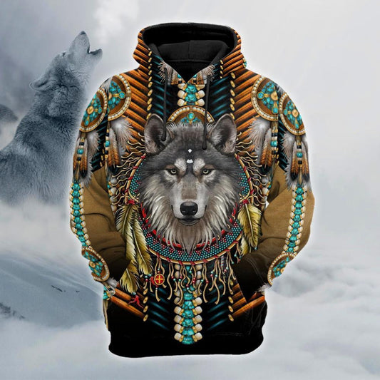 BlueJose Beautiful Tribal Native Wolf 3D All Over Printed Hoodie