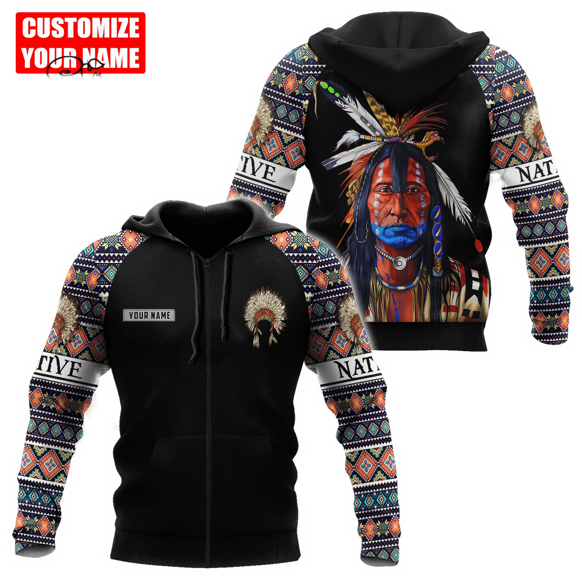 BlueJose Custom Name Native Cheif Pattern Premium Streetwear Unique Unisex Hoodies