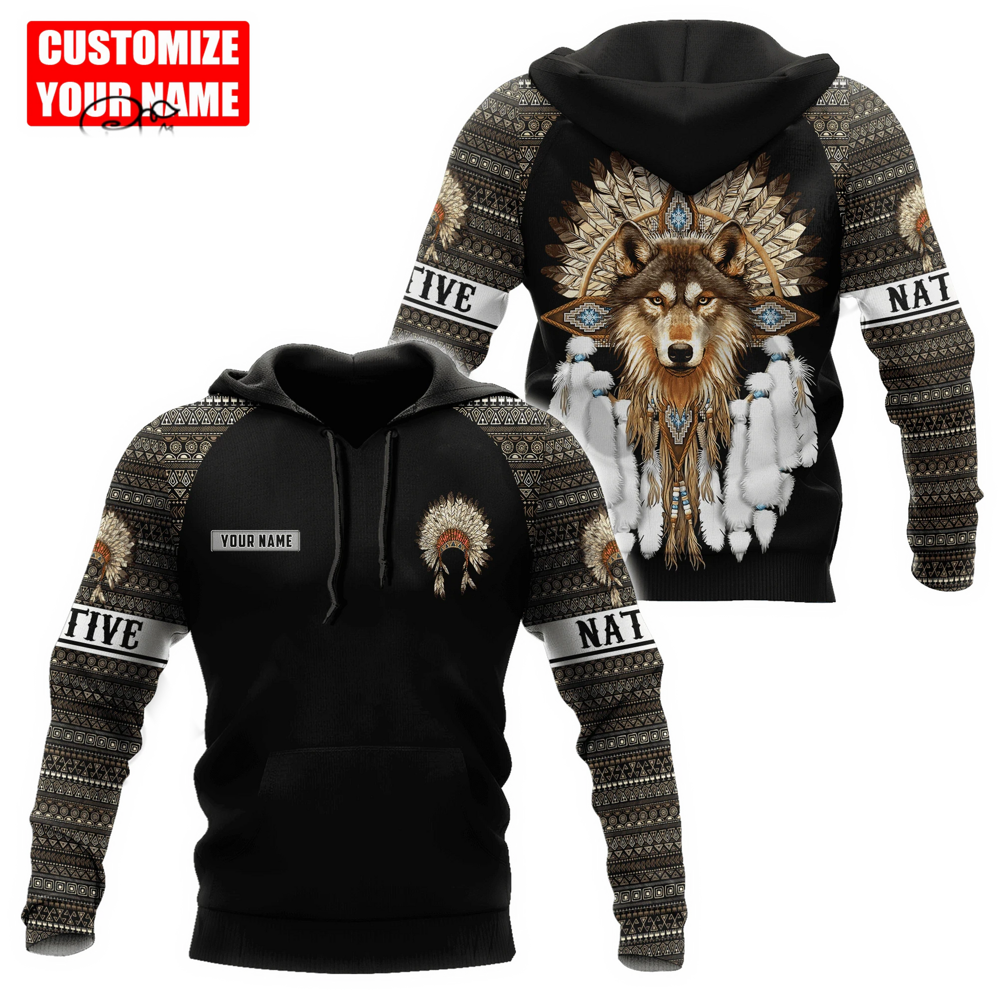 BlueJose Custom Name Native Wolf Pattern Premium Streetwear Unique Unisex Hoodies