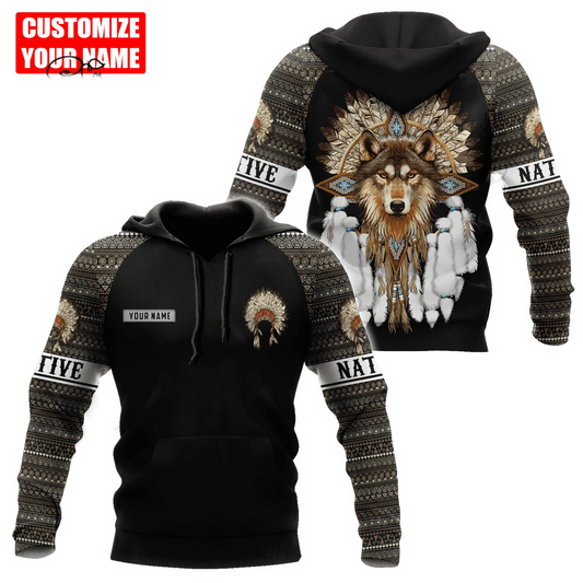 BlueJose Custom Name Native Wolf Pattern Premium Streetwear Unique Unisex Hoodies