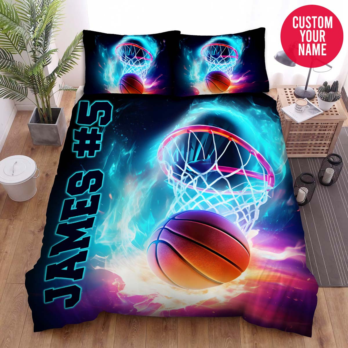 BlueJose Personalized Basketball Hoop Swirl Light Custom Name Duvet Cover Bedding Set