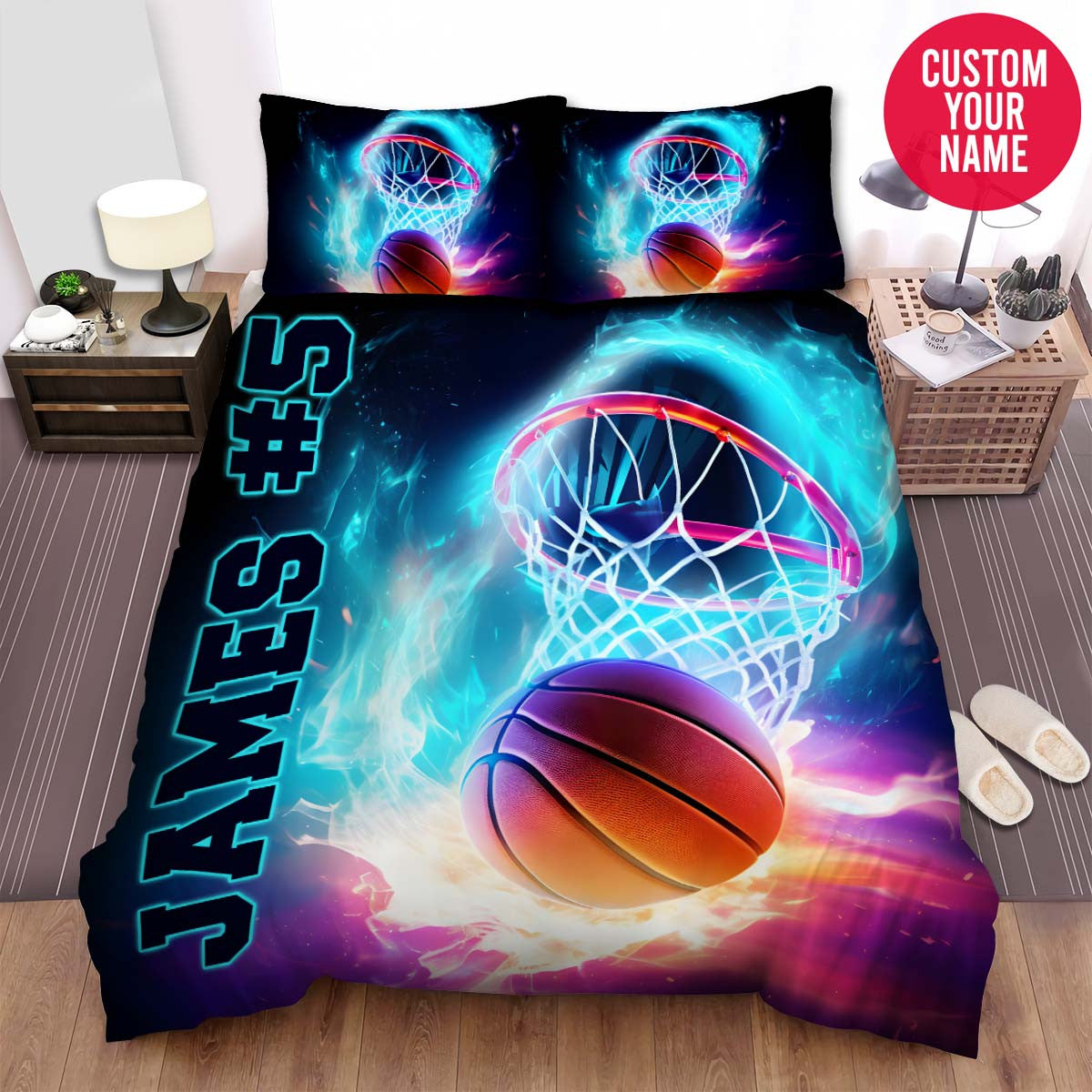 BlueJose Personalized Basketball Hoop Swirl Light Custom Name Duvet Cover Bedding Set