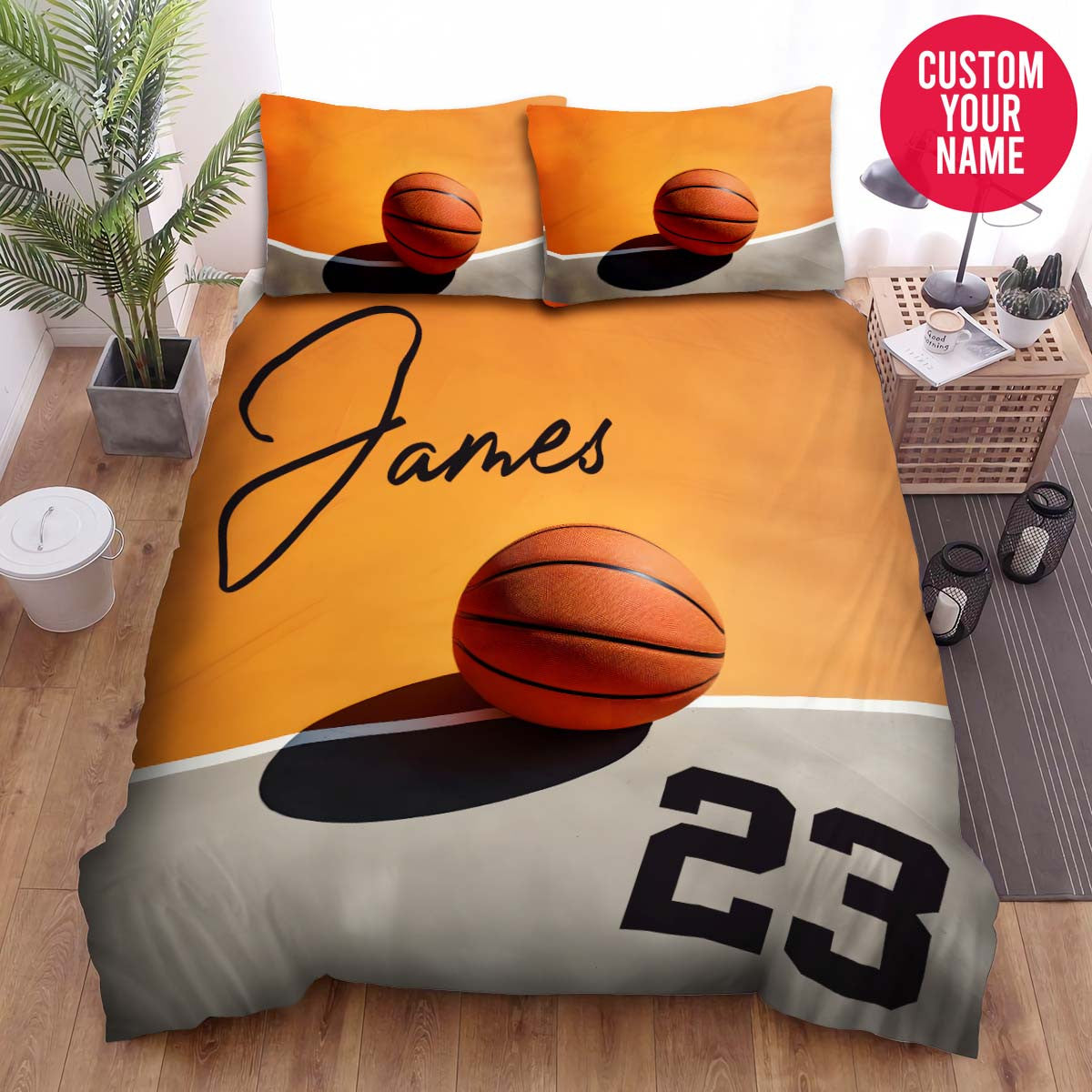 BlueJose Personalized Basketball Ball Lying On Court Custom Name Duvet Cover Bedding Set