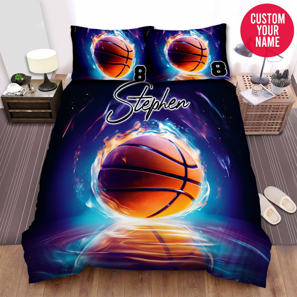 BlueJose Personalized Orange Basketball Ball Glowing Background Duvet Cover Bedding Set