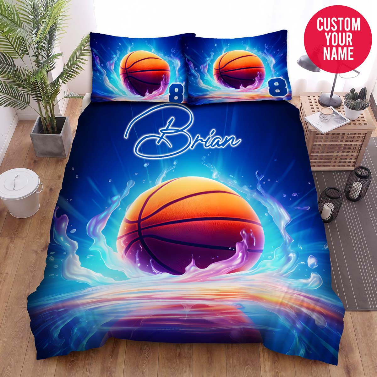 BlueJose Personalized Basketball Ball Glowing Background Custom Name Duvet Cover Bedding Set