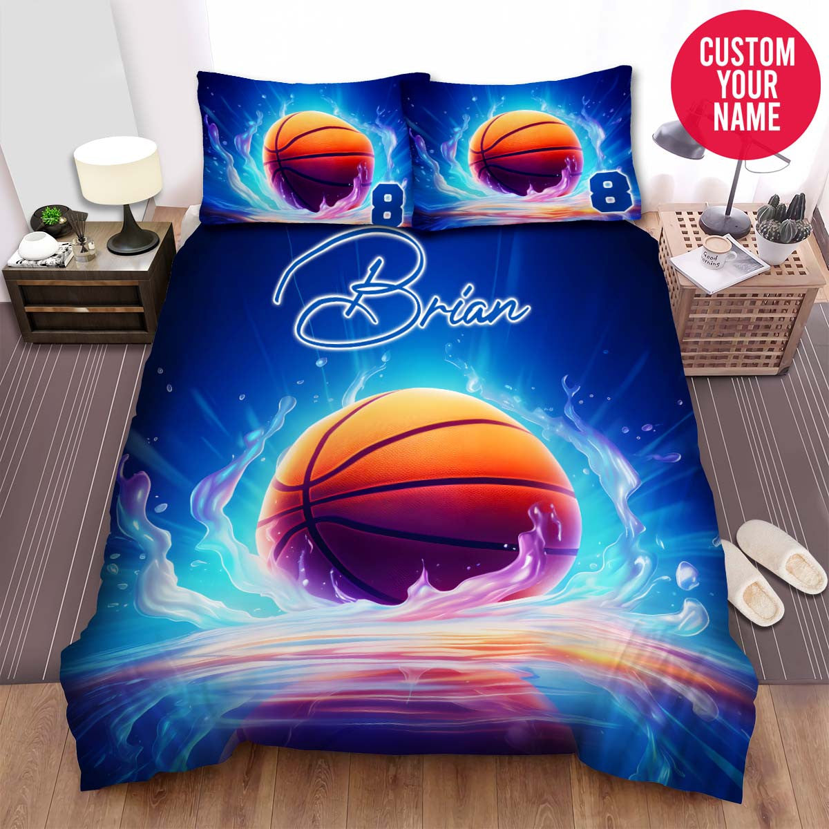 BlueJose Personalized Basketball Ball Glowing Background Custom Name Duvet Cover Bedding Set