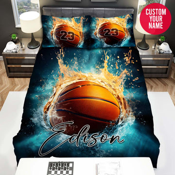 BlueJose Personalized Basketball Fire And Water Custom Name Duvet Cover Bedding Set