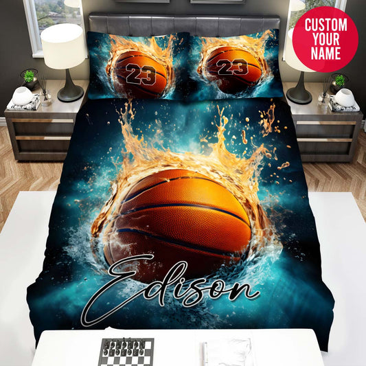 BlueJose Personalized Basketball Fire And Water Custom Name Duvet Cover Bedding Set
