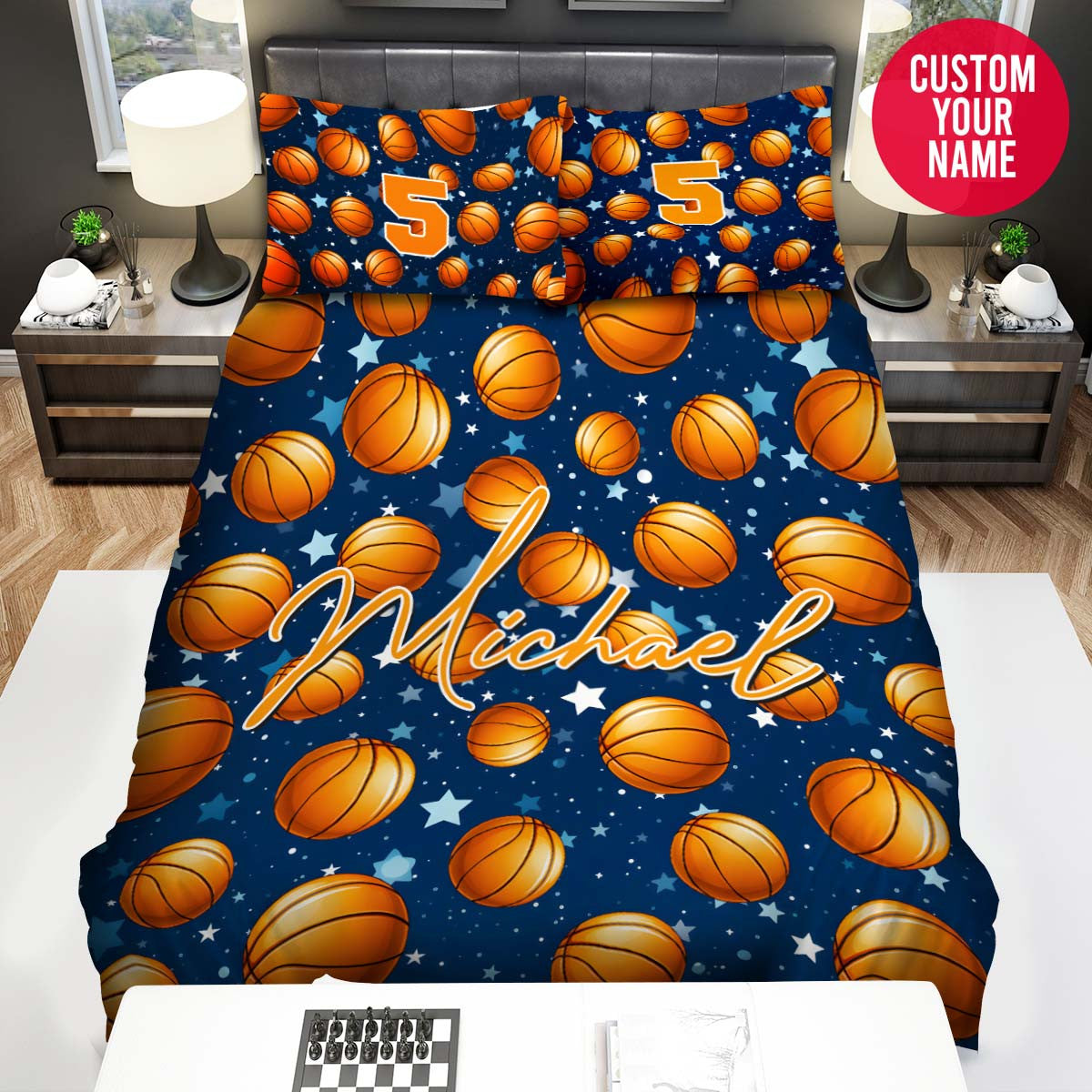 BlueJose Personalized Basketball Ball On Blue Star Pattern Custom Name Duvet Cover Bedding Set
