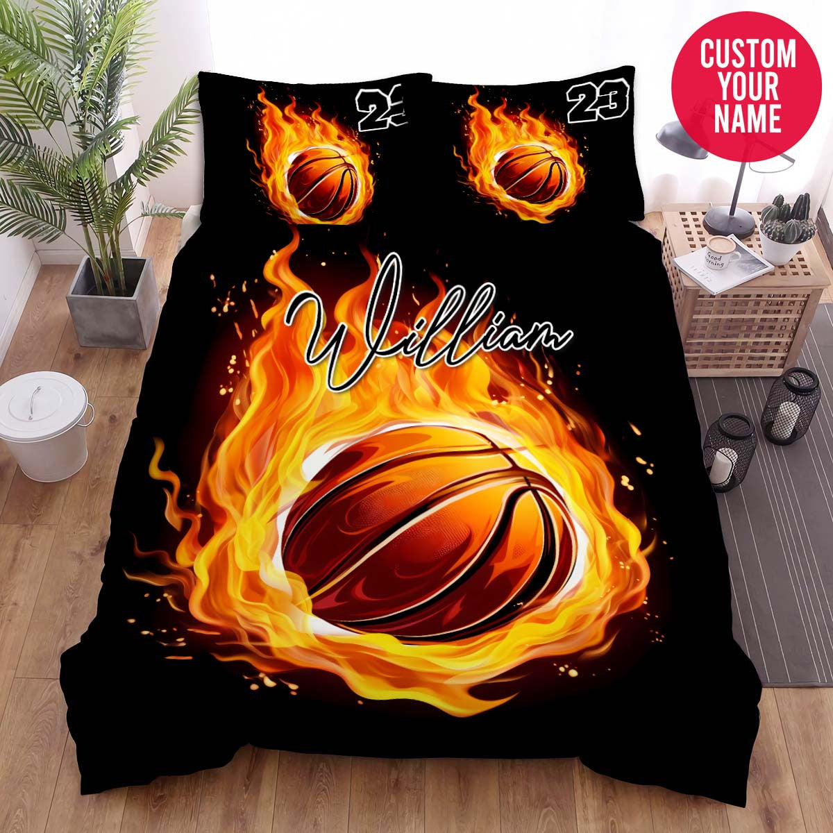 BlueJose Personalized Basketball Fire Ball Custom Name Duvet Cover Bedding Set