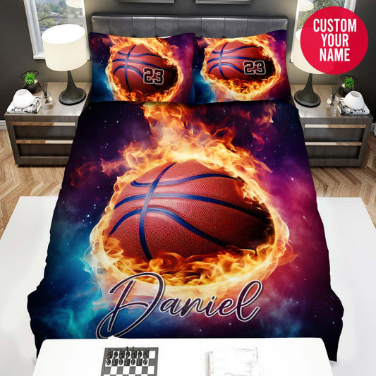BlueJose Personalized Basketball Ball Flame Flying Custom Name Duvet Cover Bedding Set