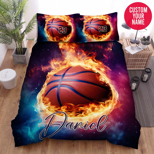 BlueJose Personalized Basketball Ball Flame Flying Custom Name Duvet Cover Bedding Set