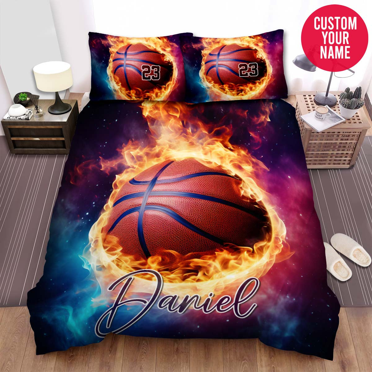 BlueJose Personalized Basketball Ball Flame Flying Custom Name Duvet Cover Bedding Set