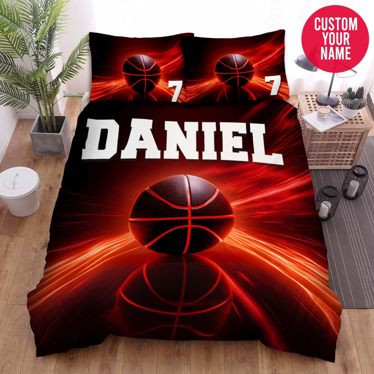 BlueJose Personalized Black Basketball Ball Red Line Custom Name Duvet Cover Bedding Set