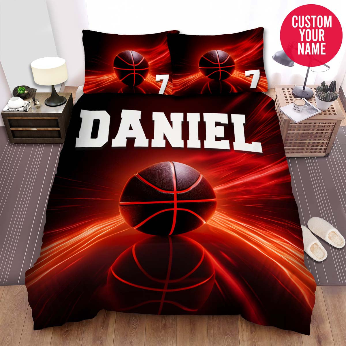 BlueJose Personalized Black Basketball Ball Red Line Custom Name Duvet Cover Bedding Set