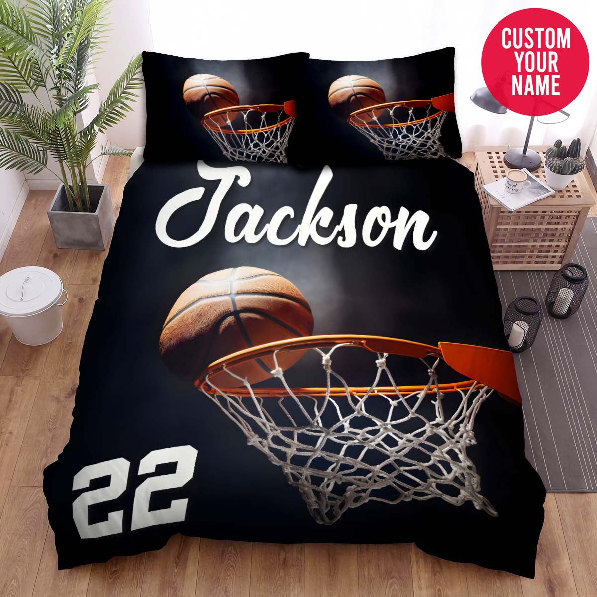BlueJose Personalized Basketball Ball In Hoop Custom Name Duvet Cover Bedding Set