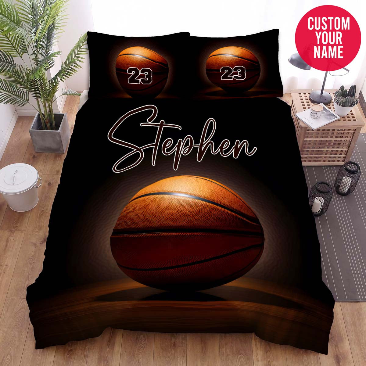 BlueJose Personalized Basketball Black Background Custom Name Duvet Cover Bedding Set