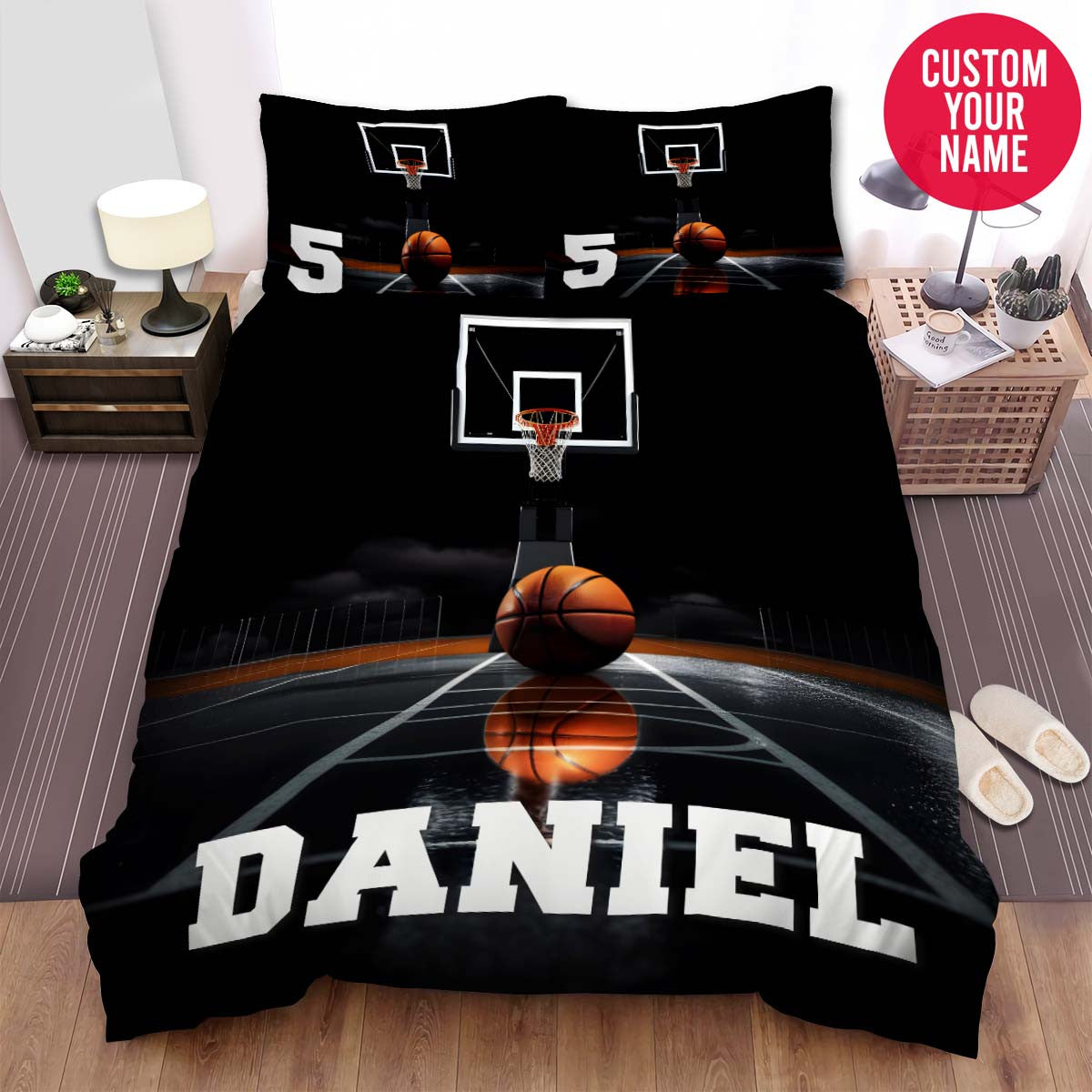 BlueJose Personalized Basketball In Black Basketball Court Custom Name Duvet Cover Bedding Set