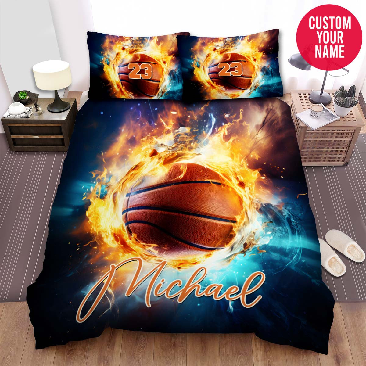 BlueJose Personalized Basketball Ball With Fire And Ice Duvet Cover Bedding Set
