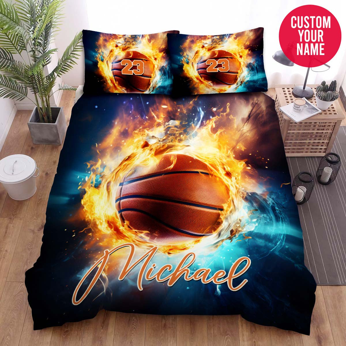 BlueJose Personalized Basketball Ball With Fire And Ice Duvet Cover Bedding Set