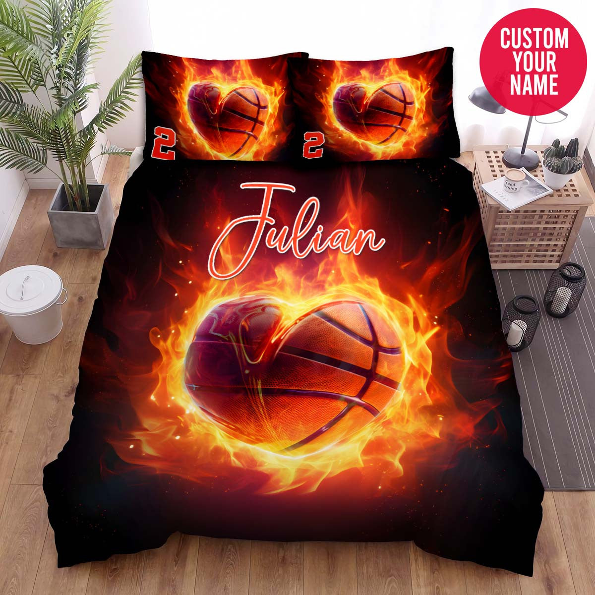 BlueJose Personalized Basketball Fire In Heart Shape Custom Name Duvet Cover Bedding Set