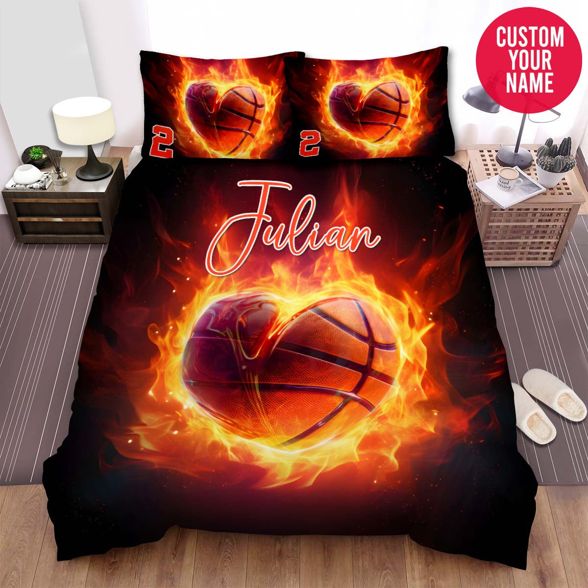 BlueJose Personalized Basketball Fire In Heart Shape Custom Name Duvet Cover Bedding Set