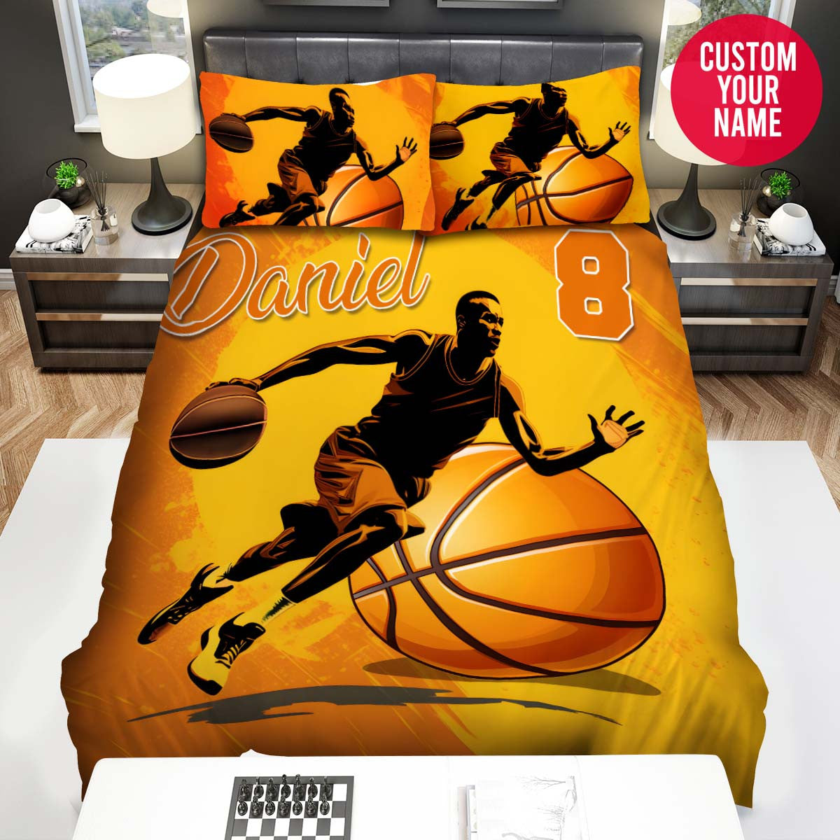 BlueJose Personalized Basketball Player Orange Background Custom Name Duvet Cover Bedding Set