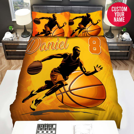 BlueJose Personalized Basketball Player Orange Background Custom Name Duvet Cover Bedding Set