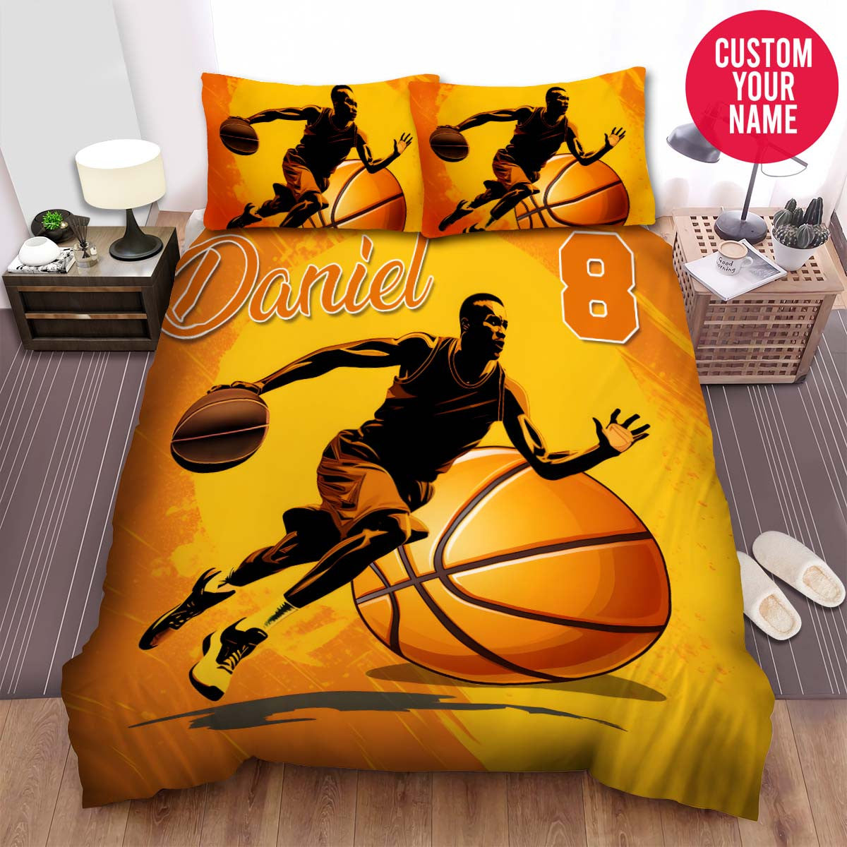 BlueJose Personalized Basketball Player Orange Background Custom Name Duvet Cover Bedding Set