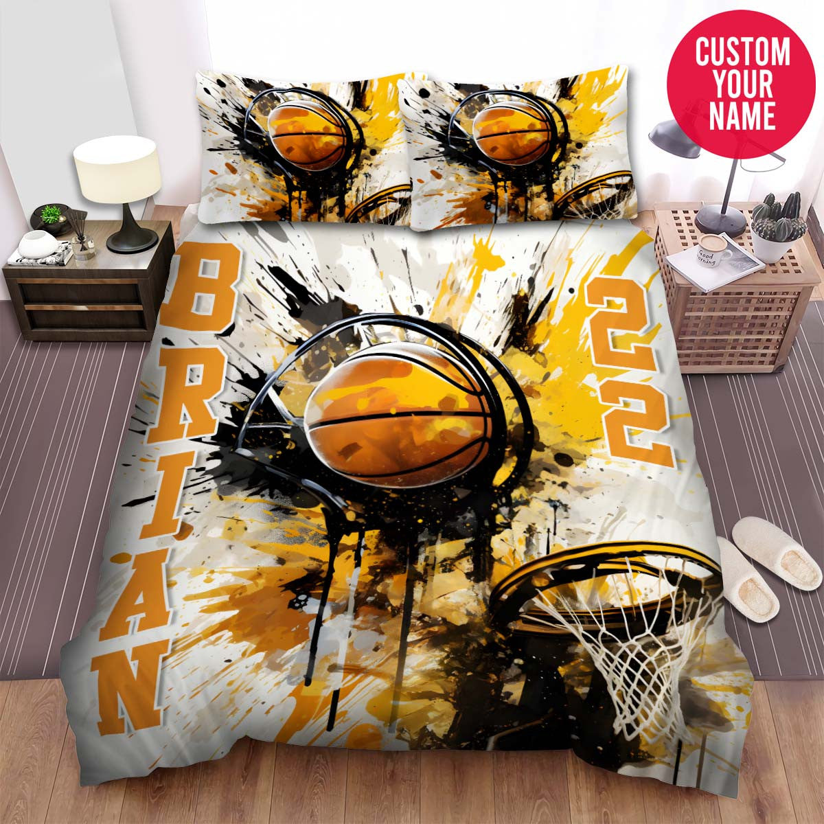 BlueJose Personalized Basketball Court And Ball Artwork Custom Name Duvet Cover Bedding Set