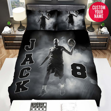 BlueJose Personalized Basketball Player In Smoke Custom Name Duvet Cover Bedding Set