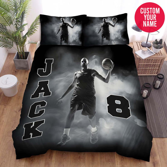 BlueJose Personalized Basketball Player In Smoke Custom Name Duvet Cover Bedding Set