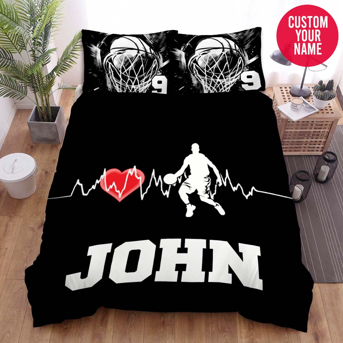 BlueJose Personalized Basketball Heartbeat Player Custom Name Duvet Cover Bedding Set