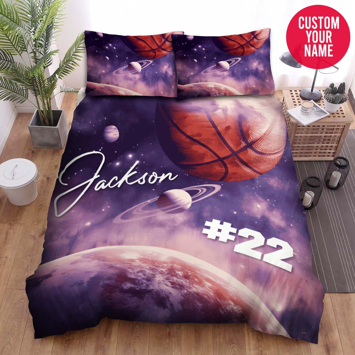 BlueJose Personalized Basketball Star Planets Galaxy Custom Name Duvet Cover Bedding Set