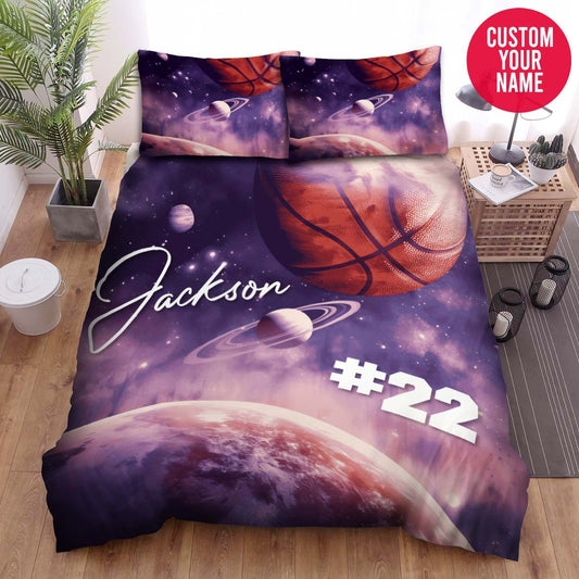 BlueJose Personalized Basketball Star Planets Galaxy Custom Name Duvet Cover Bedding Set