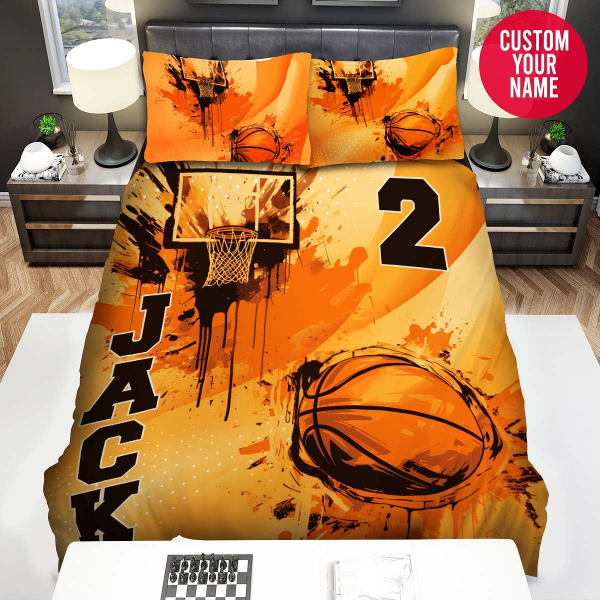 BlueJose Personalized Basketball Ball Orange Background Custom Name Duvet Cover Bedding Set