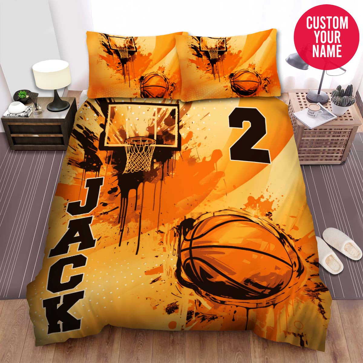 BlueJose Personalized Basketball Ball Orange Background Custom Name Duvet Cover Bedding Set