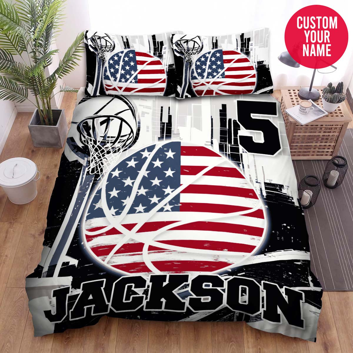 BlueJose Personalized Basketball Usa Flag Custom Name Duvet Cover Bedding Set