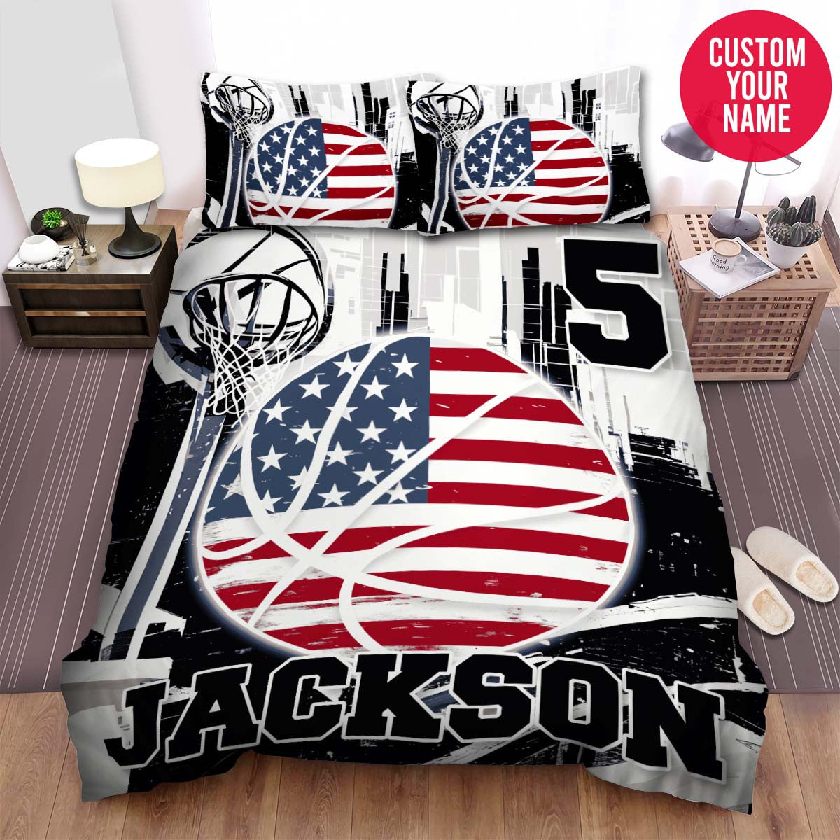 BlueJose Personalized Basketball Usa Flag Custom Name Duvet Cover Bedding Set