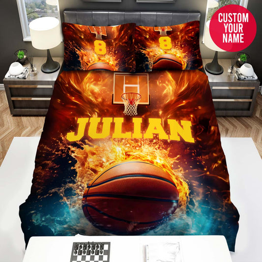 BlueJose Personalized Basketball Ball On Fire Court Custom Name Duvet Cover Bedding Set