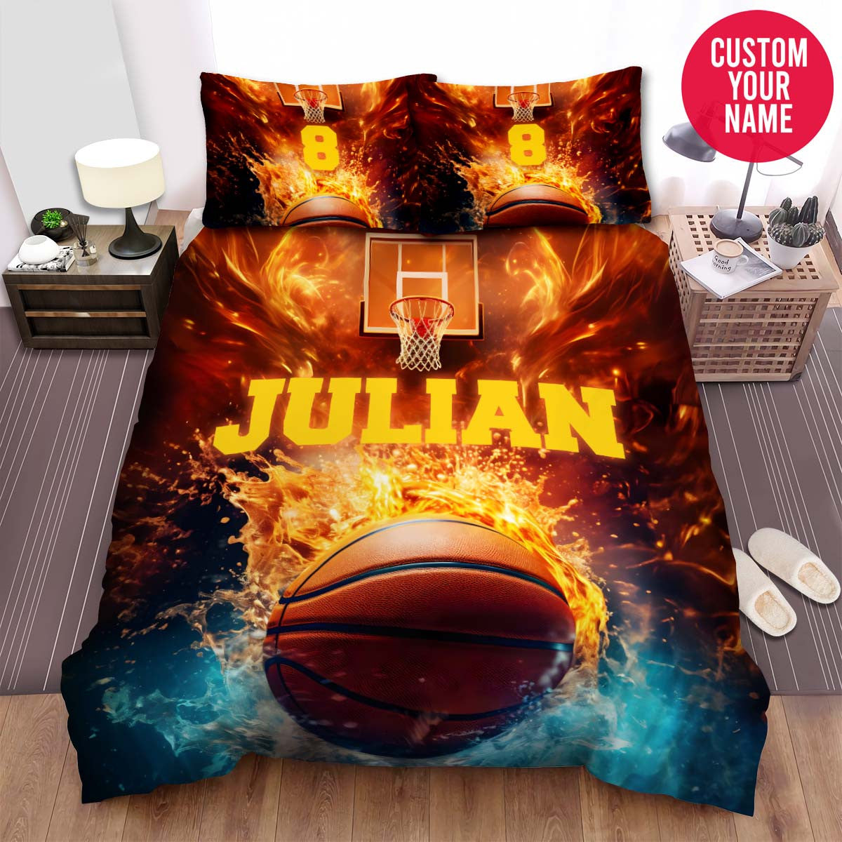 BlueJose Personalized Basketball Ball On Fire Court Custom Name Duvet Cover Bedding Set