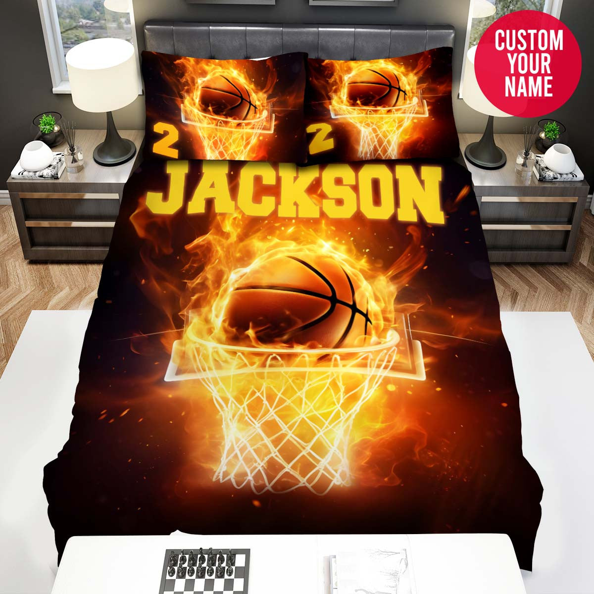 BlueJose Personalized Basketball Fire On Hoop Custom Name Duvet Cover Bedding Set