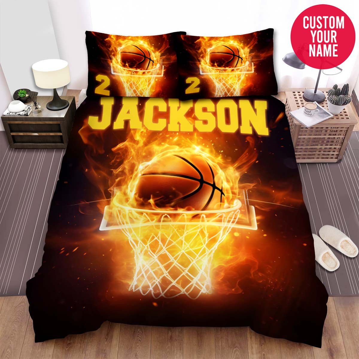 BlueJose Personalized Basketball Fire On Hoop Custom Name Duvet Cover Bedding Set