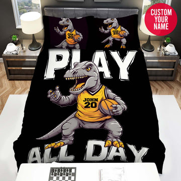 BlueJose Personalized Cute T-Rex Play Basketball Custom Name Duvet Cover Bedding Set