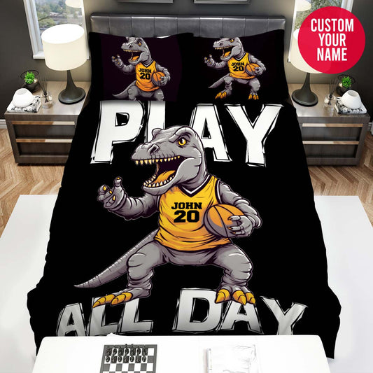 BlueJose Personalized Cute T-Rex Play Basketball Custom Name Duvet Cover Bedding Set