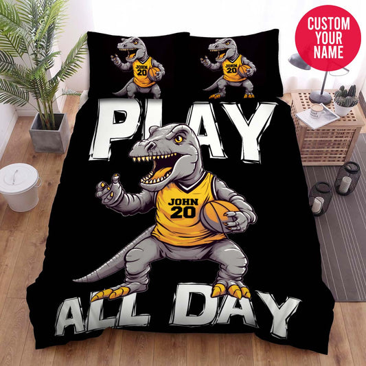 BlueJose Personalized Cute T-Rex Play Basketball Custom Name Duvet Cover Bedding Set
