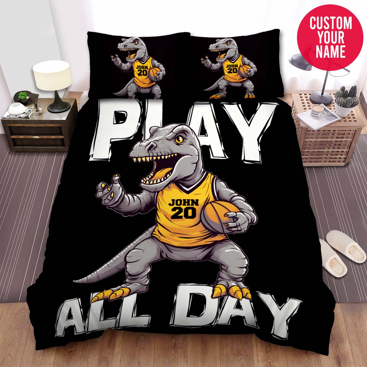 BlueJose Personalized Cute T-Rex Play Basketball Custom Name Duvet Cover Bedding Set