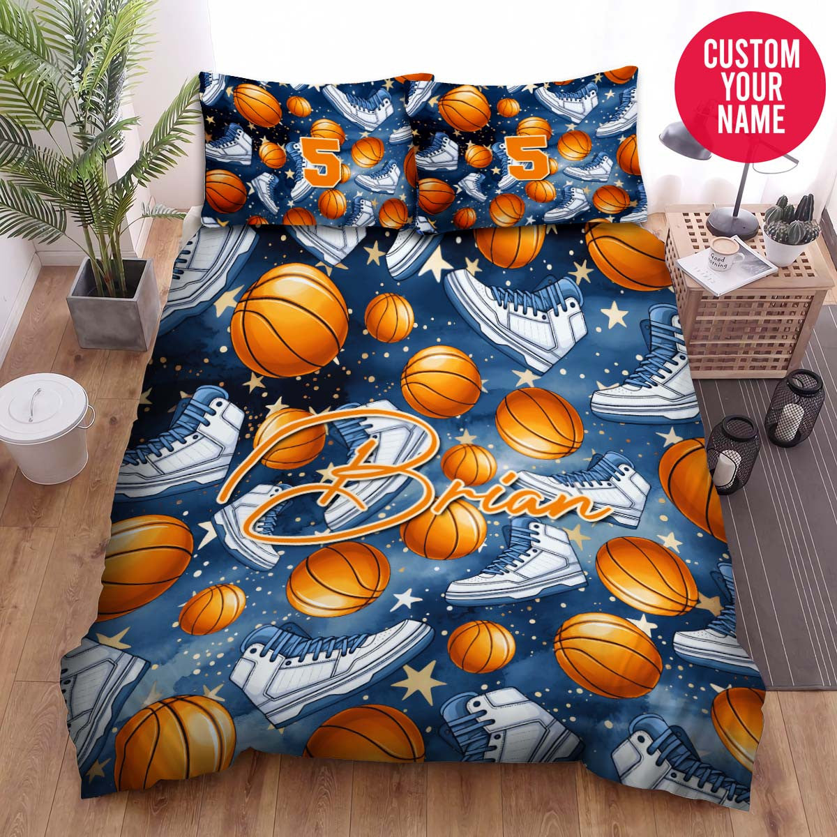 BlueJose Personalized Basketball Ball And Sneaker Pattern Custom Name Duvet Cover Bedding Set