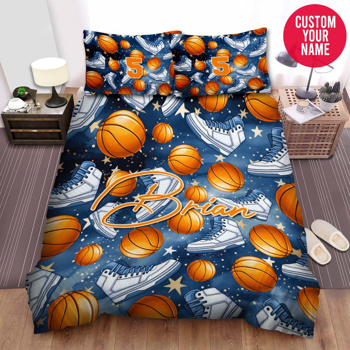BlueJose Personalized Basketball Ball And Sneaker Pattern Custom Name Duvet Cover Bedding Set